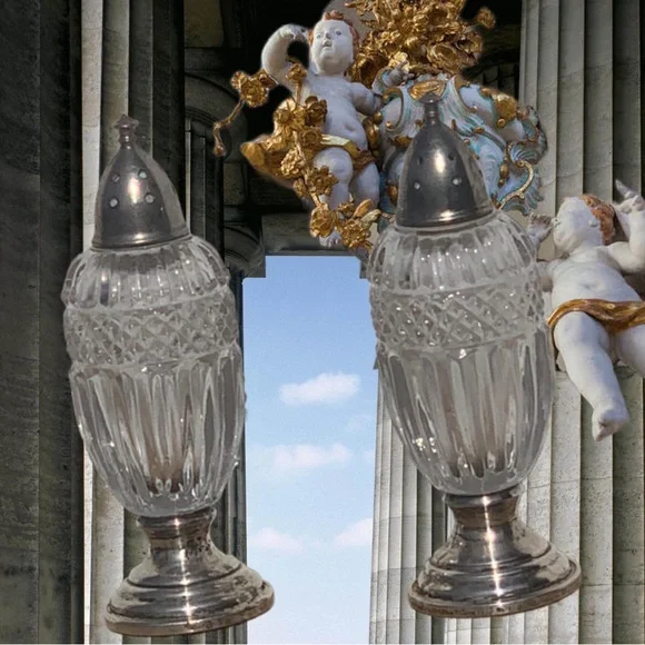 Antique Sterling Silver Sheffield Silver Co NY Crystal Salt & Pepper Shakers - Picture 2 of 10